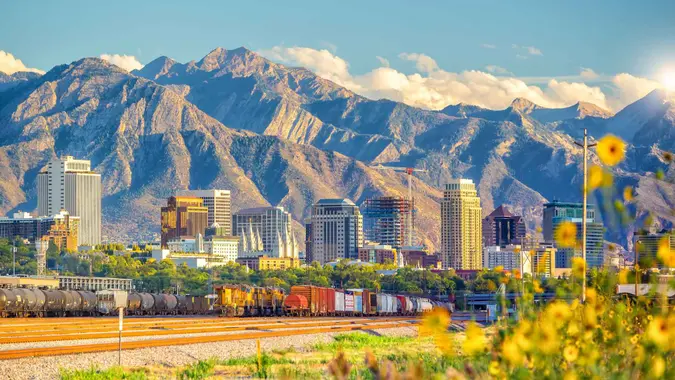 Downtown Salt Lake City skyline cityscape of  Utah in USA at sunset.