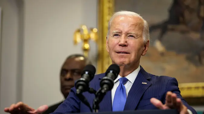 Mandatory Credit: Photo by Shutterstock (14074141f)United States President Joe Biden delivers remarks in the Roosevelt Room at the White House in Washington, D.