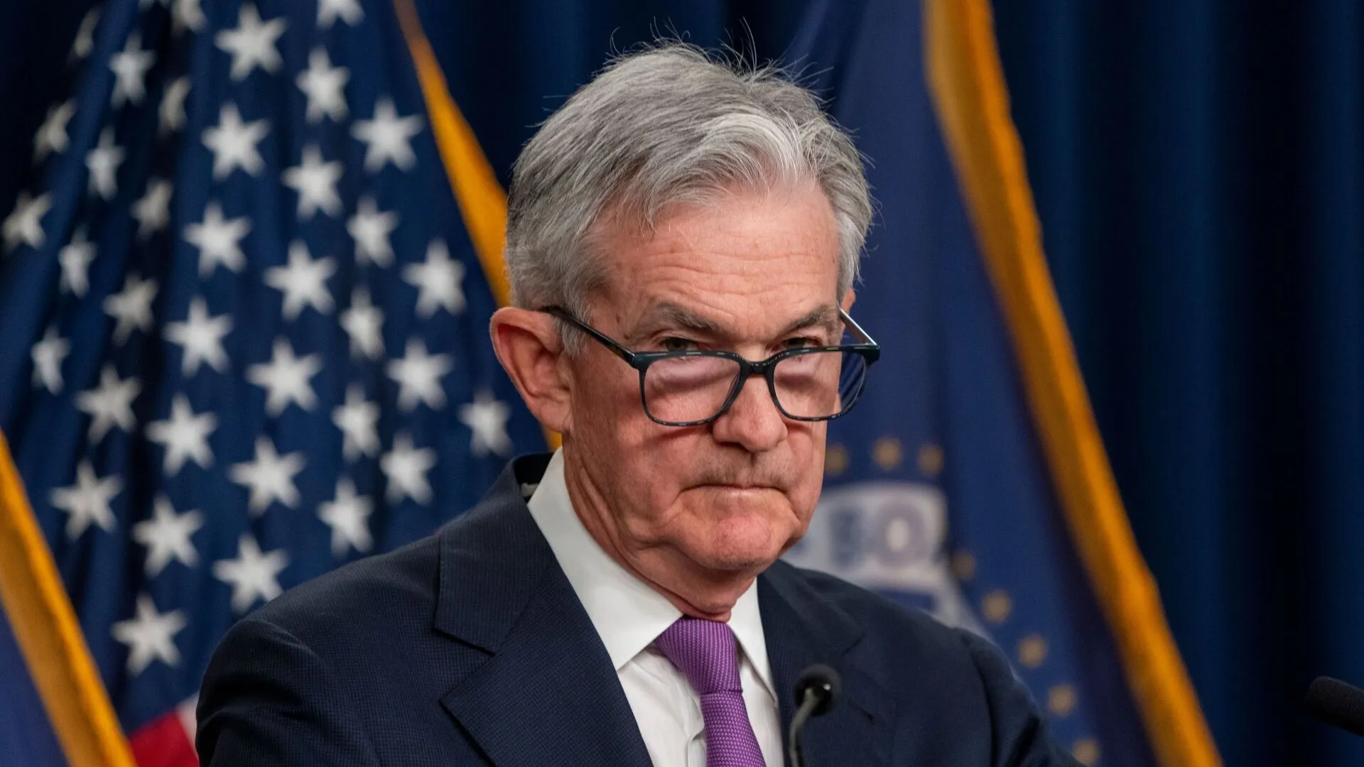 Mandatory Credit: Photo by SHAWN THEW/EPA-EFE/Shutterstock (14113319b)US Federal Reserve Board Chairman Jerome Powell looks on as he receives questions from the news media during a press conference at the Federal Reserve in Washington, DC, USA, 20 September 2023.