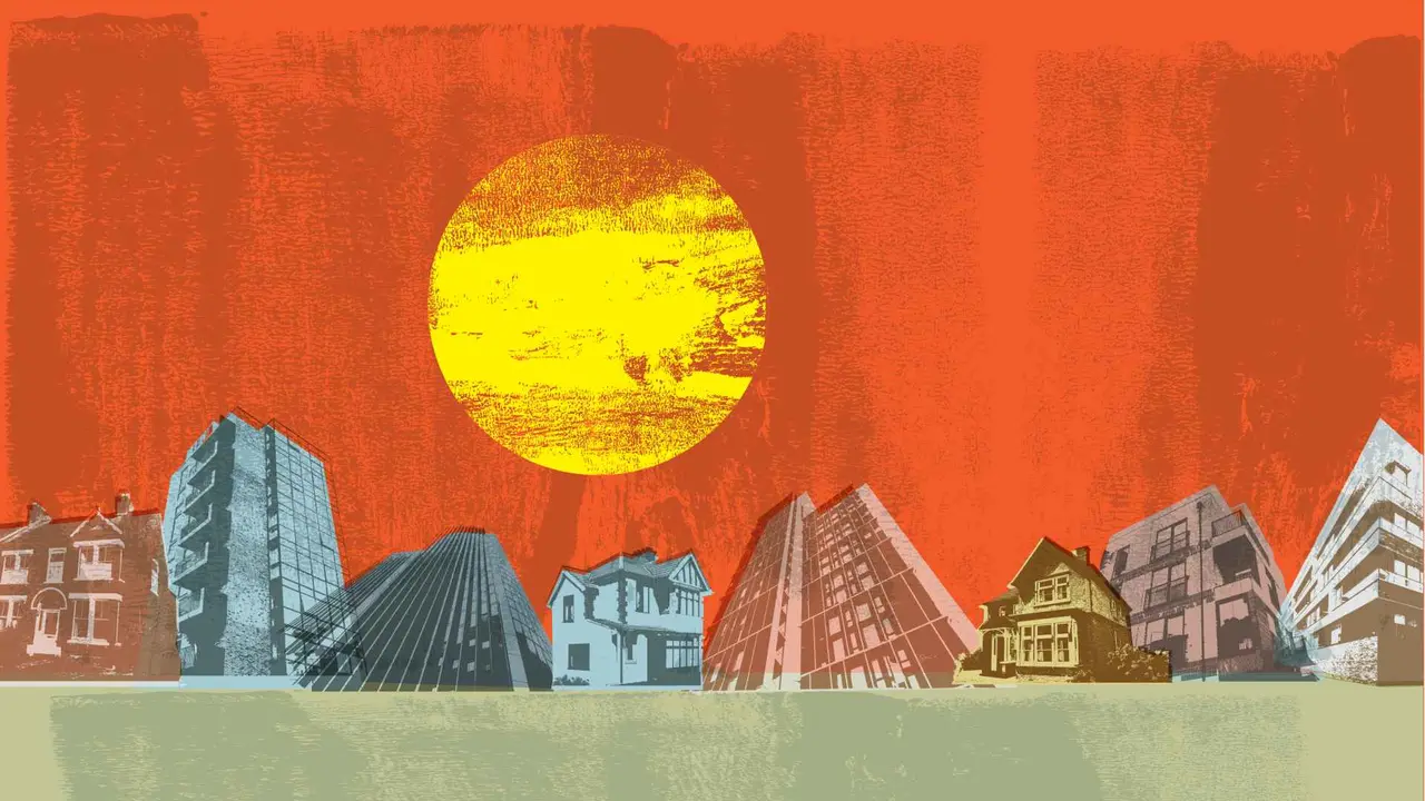 Posterised, Pop art, Grunge effect City Skyline, Buildings, urban, climate change.