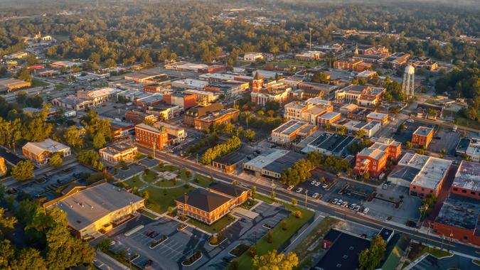 Aerial View of Downtown Statesboro, Georgia in Autumn.