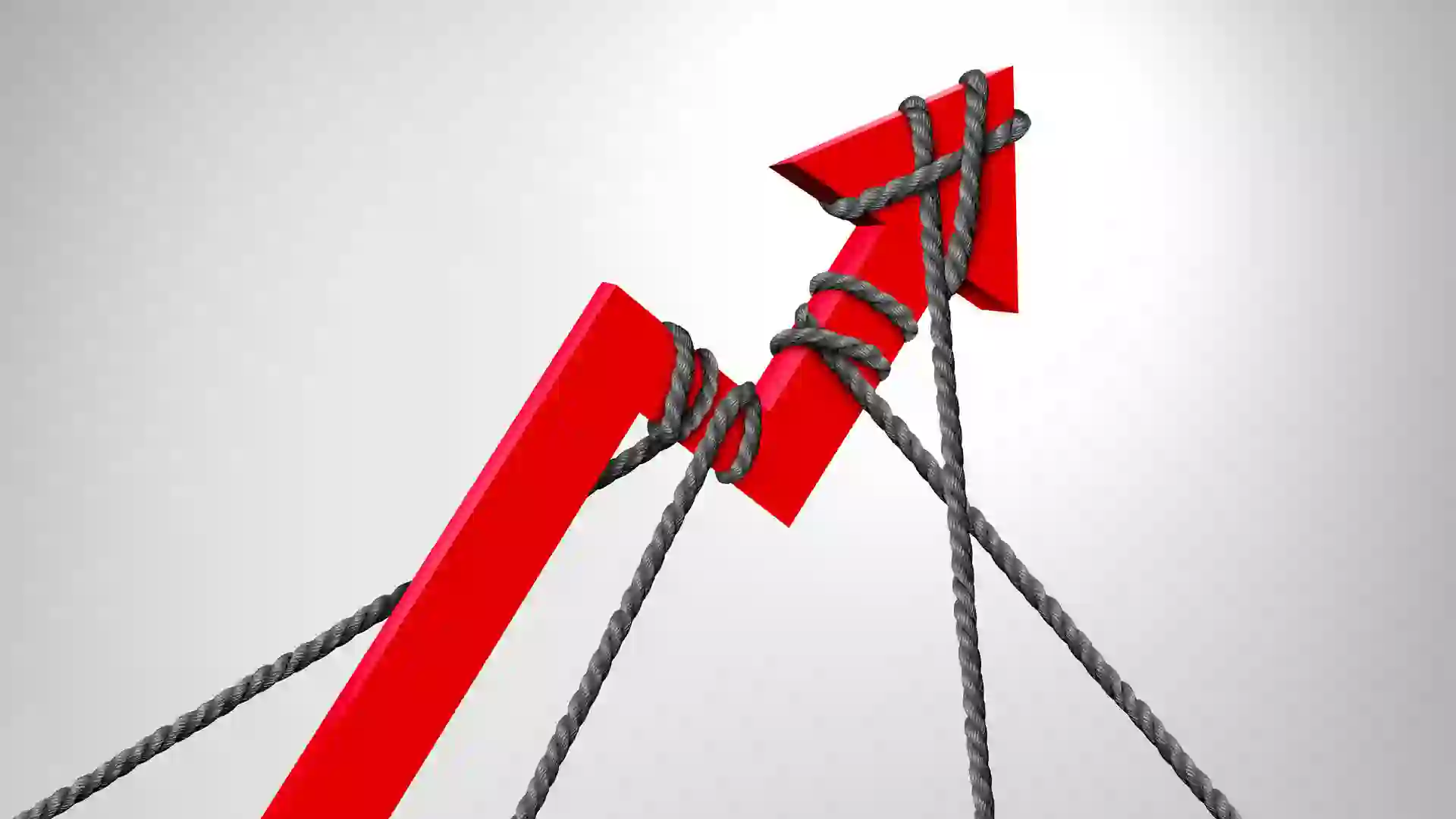 Controlling Inflation and price controls and reining in rising prices by tightening monetary policy or raising interest rates and increasing taxes or regulating credit as a red arrow being slowed or held back by ropes with 3D elements.