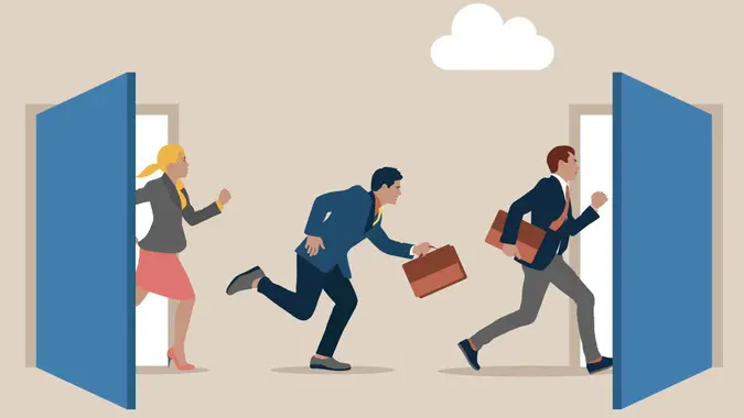 Great resignation, employee resign, quit or leaving company, people management or human resources problem concept, business people employee resign and walk through exit door.