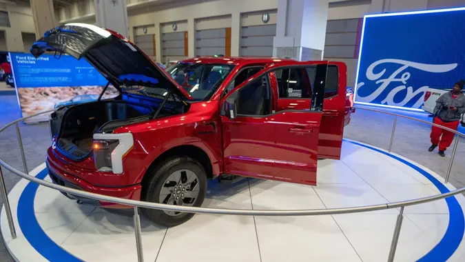 Mandatory Credit: Photo by SHAWN THEW/EPA-EFE/Shutterstock (13732081c)A 2023 Ford F-150 XLT Lightning EV on display at the Washington Auto Show at the Walter E.