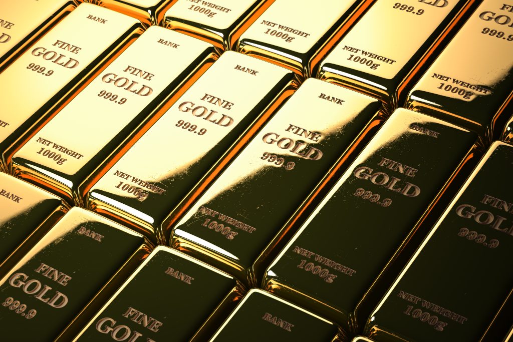 Gold bars or ingots in a row.