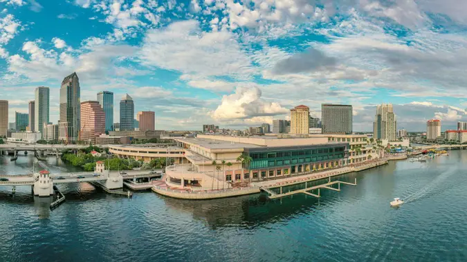 Drone angle view of downtown Tampa, Florida at dusk.