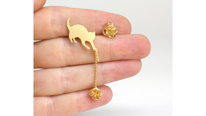 Cat Earrings, Mismatched Gold Dangle Earrings, Cute Drop Earrings, Cat Love Gift, Unique Gift for Her, Knitting earring with ball of yarn