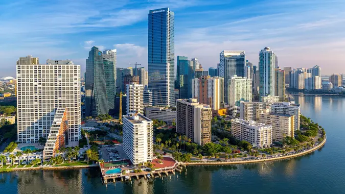 An aerial video of skyscrapers in Miami Florida Brickell, Downtown stock photo