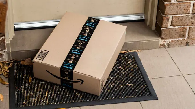 Sydney, Australia - 2021-10-30 Amazon prime box delivered to a front door of residential building.