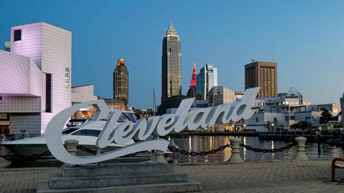 Twilight and sunset pictures of downtown Cleveland and Lake Erie.