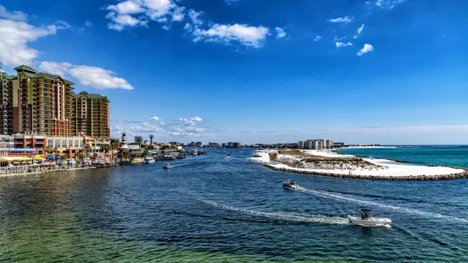 Coastal scenic view of the town of Destin, Florida along Destin Harbor.