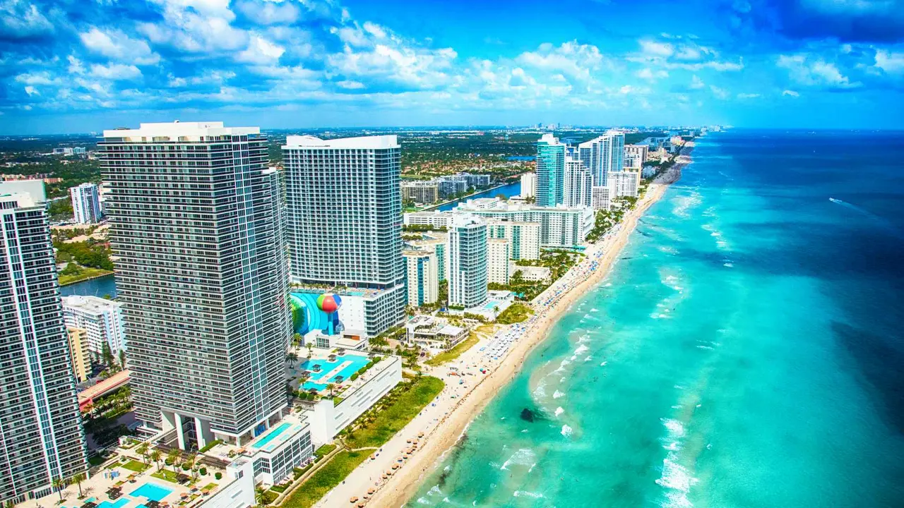Hotels lining the beaches of South Florida, USA, just north of downtown Miami shot from an altitude of about 400 feet.