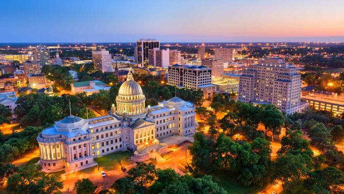 Jackson, Mississippi, USA skyline over the Capitol Building.