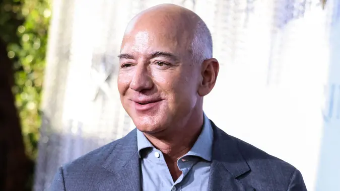 Jeff Bezos smiles during a media event.