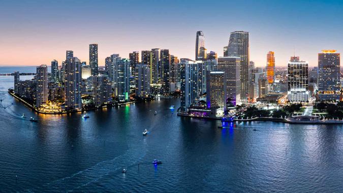 Aerial panorama of Miami, Florida at dusk.