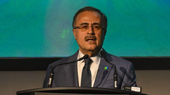 Mandatory Credit: Photo by Artur Widak/NurPhoto/Shutterstock (14109164s)CALGARY, CANADA - September 18, 2023 : Amin Nasser, President and CEO of Aramco, addresses delegates on the second day of the 24th World Petroleum Congress at the Big 4 Building at Stampede Park, on September 18, 2023, in Calgary, Canada.