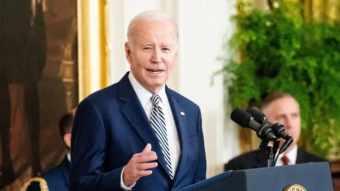 Mandatory Credit: Photo by Michael Brochstein/SOPA Images/Shutterstock (14175137j)President Joe Biden speaking at an event where the president signed an Executive Order regarding Artificial Intelligence (AI) at the White House in Washington, DC.