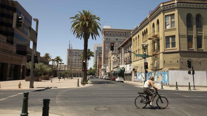 Stockton, California, USA - July 15, 2021: Sunlight shines on the historic city center.