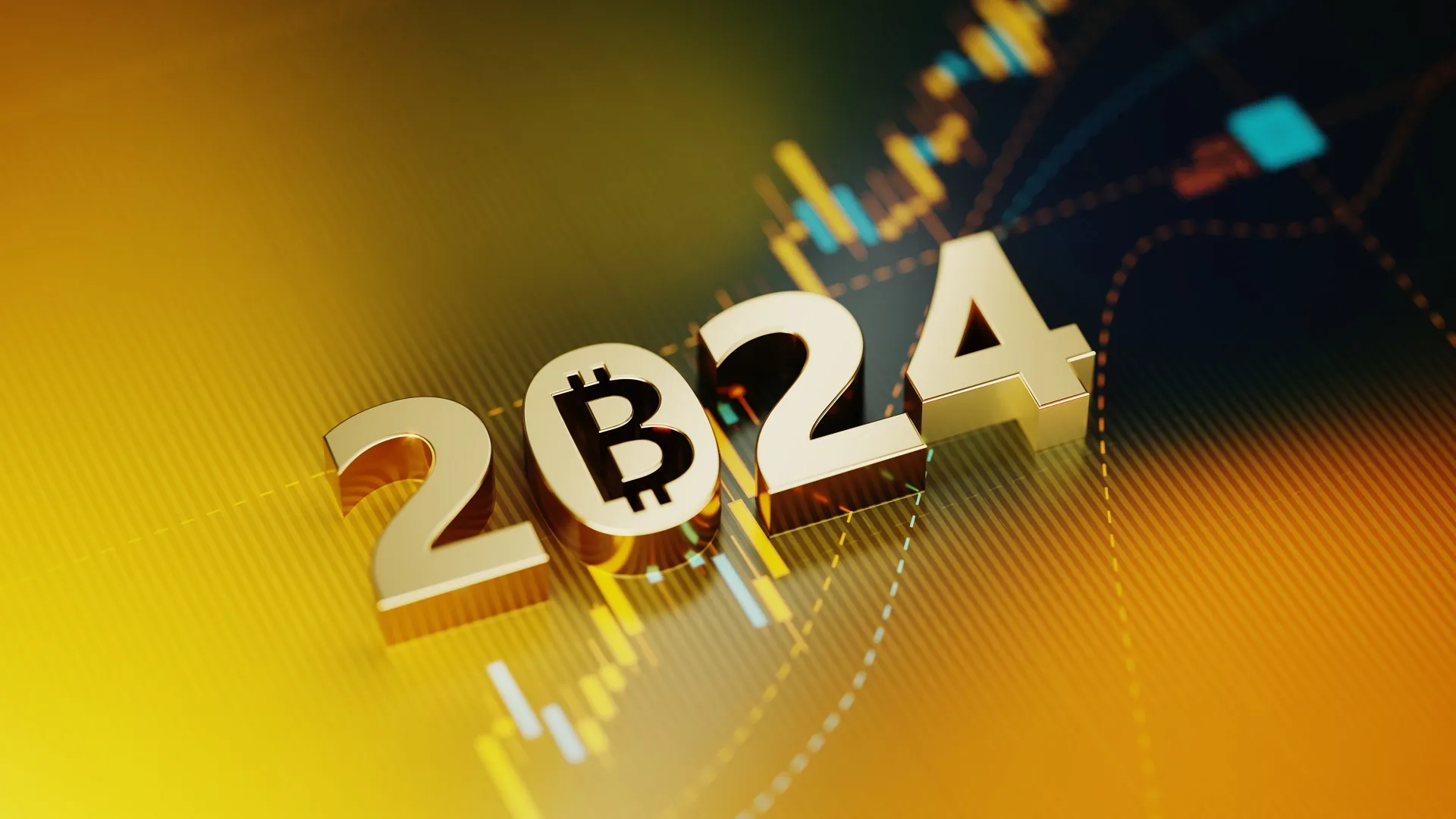 Investment And Finance Concept - Bitcoin Symbol Sitting Inside Of 2024 On Yellow Financial Graph Background stock photo