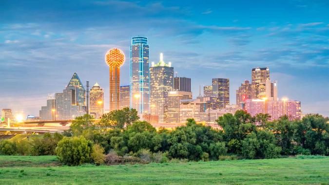 Skyline of downtown Dallas Texas USA with green park.