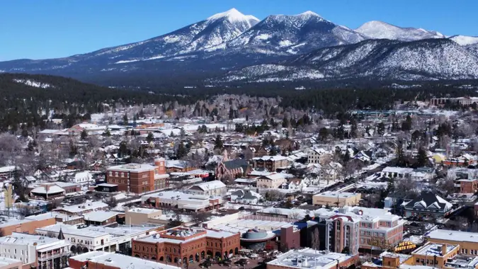 Scenic downtown Flagstaff as seen from the air.