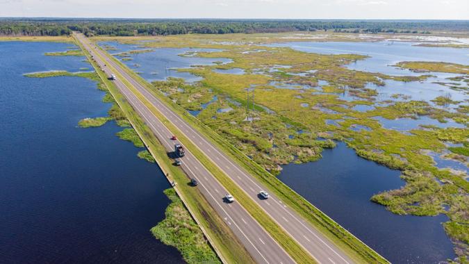 Aerial view of highway over Paynes Prairie in Gainesville, Florida.