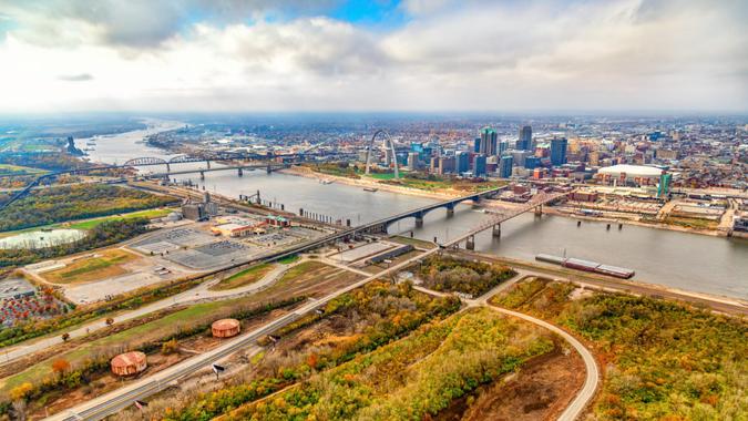 A wide angle view of the St. Louis, Missouri metropolitan area shot from the Illinois side of the Mississippi River from an altitude of about 1000 feet.