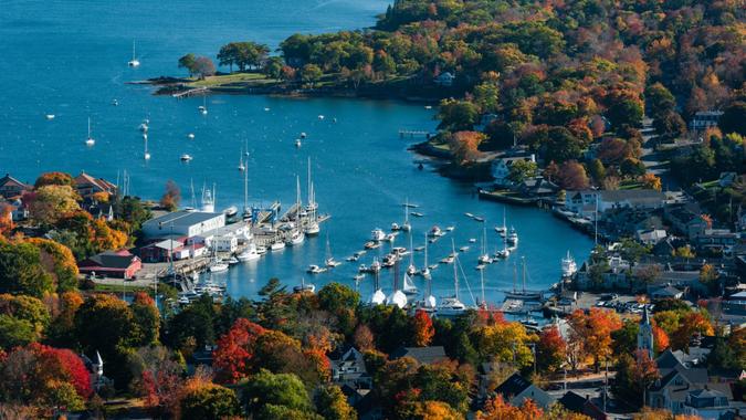 Aerial view of Camden, Maine harbor in fall from Mount Battie.