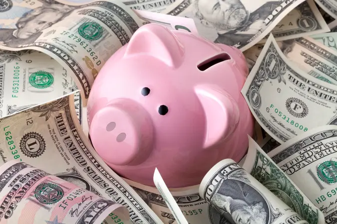 A piggy bank surrounded by money