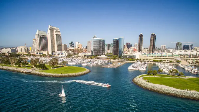 Aerial view of boats and downtown San Diego.