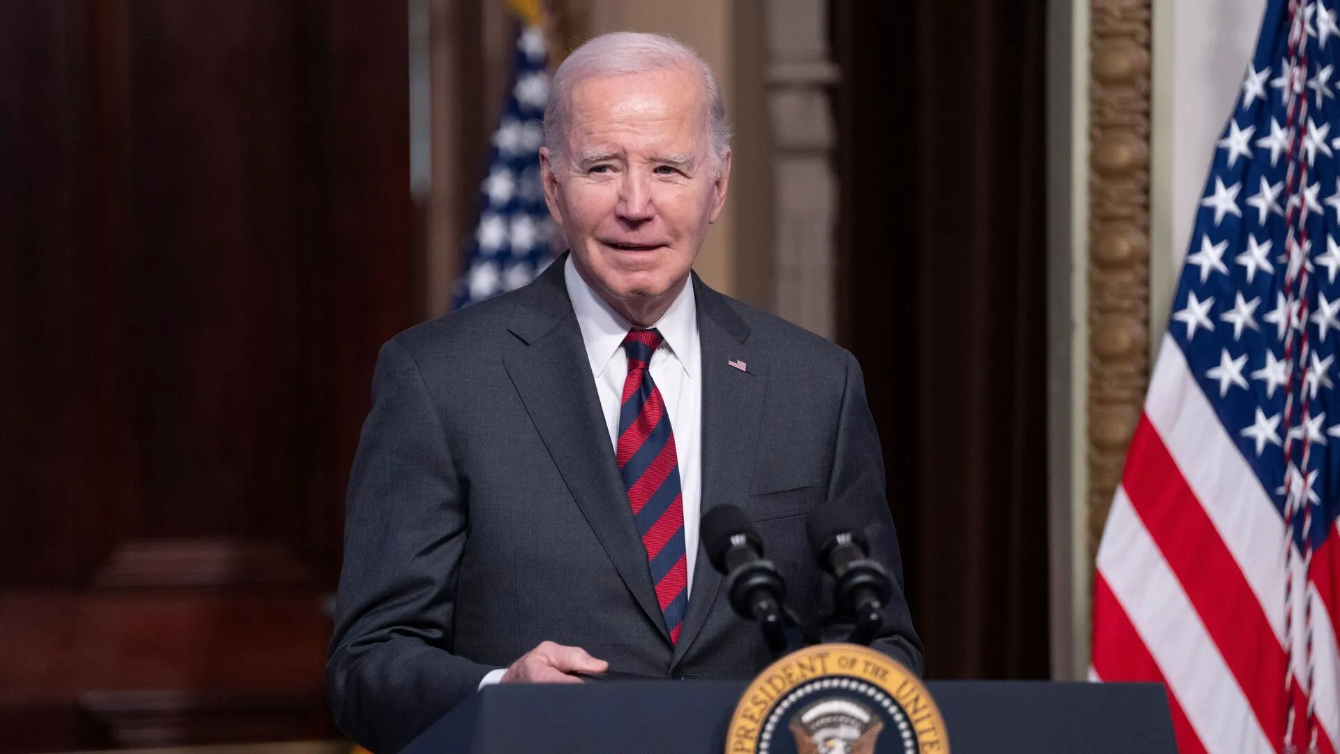 Mandatory Credit: Photo by Shutterstock (14233244u)United States President Joe Biden makes remarks on actions to strengthen supply chains in the Indian Treaty Room in Washington, DC,.