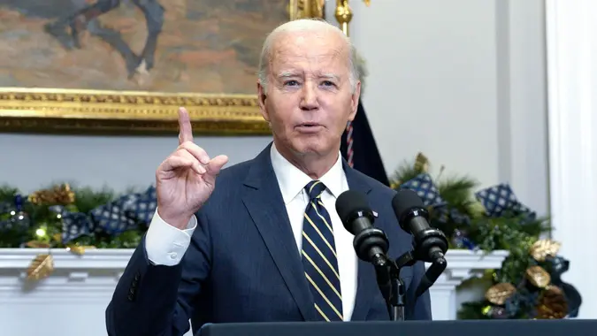 Mandatory Credit: Photo by Shutterstock (14247175y)United States President Joe Biden delivers remarks urging the US Congress to pass his national security supplemental request, including funding to support Ukraine and the border in the Roosevelt Room of the White House in Washington, DC.