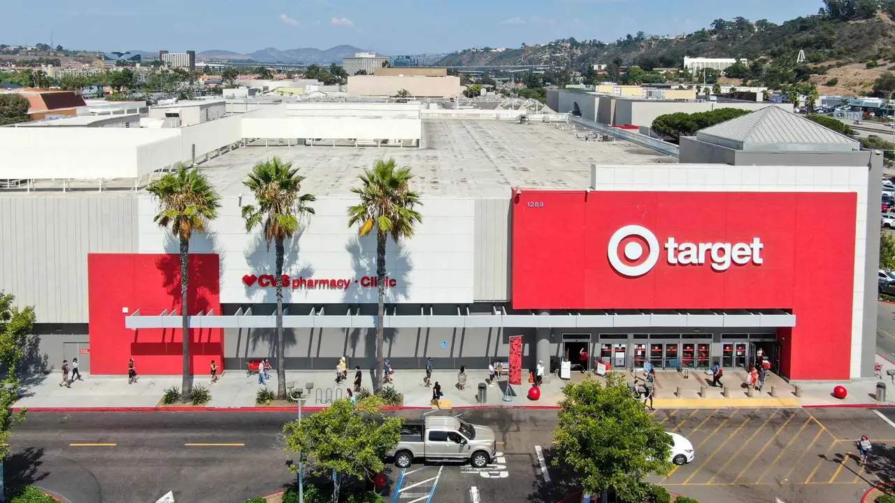 An aerial view of a Target store with palm trees in front.