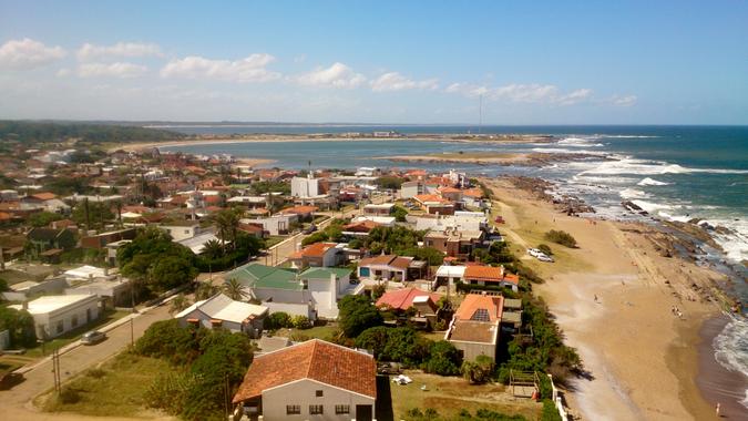 Aerial view of the beach, coast and city of La Paloma, Rocha-  Uruguay.