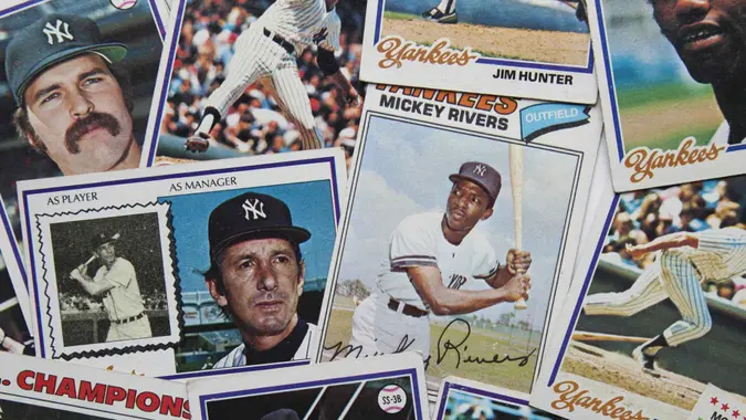 Woodbridge, New Jersey USA - February 18, 2014: A pile of vintage baseball cards from the 1970s New York Yankees.