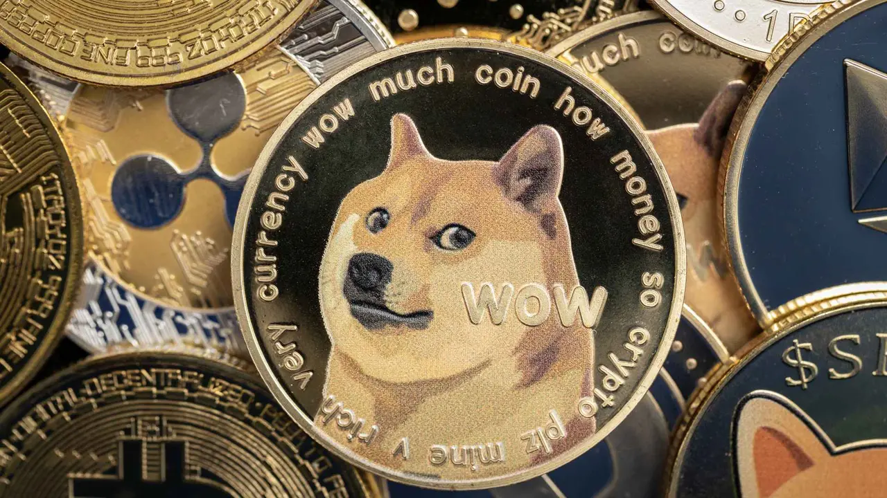 Dogecoin cryptocurrency coin close-up, on top of other cryptocurrency coins.