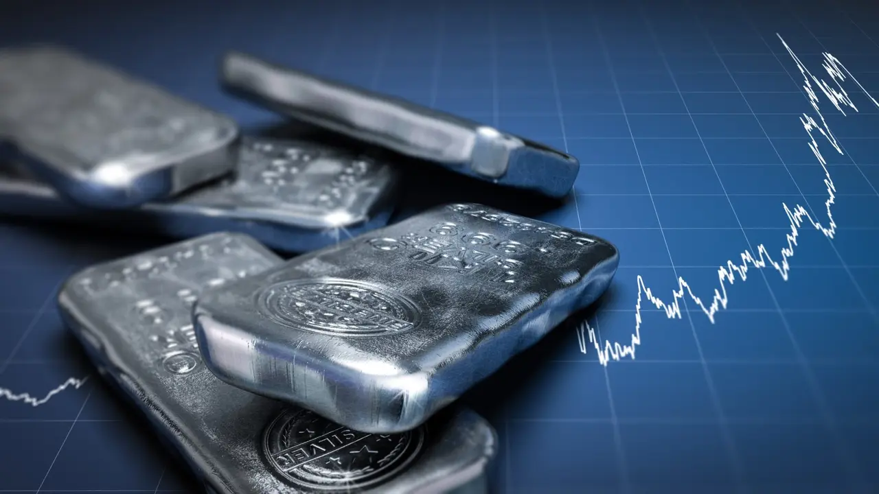 3D illustration of silver bullion bars over a blue background with growing chart.