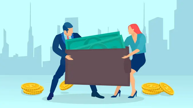 Vector of a couple man and woman fighting over family budget, money.