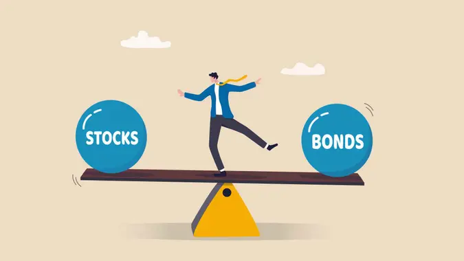 Stocks vs bonds in investment asset allocation, risk assessment portfolio or expected return in long term mutual funds, pension fund concept, businessman investor balance on stocks and bonds seesaw.