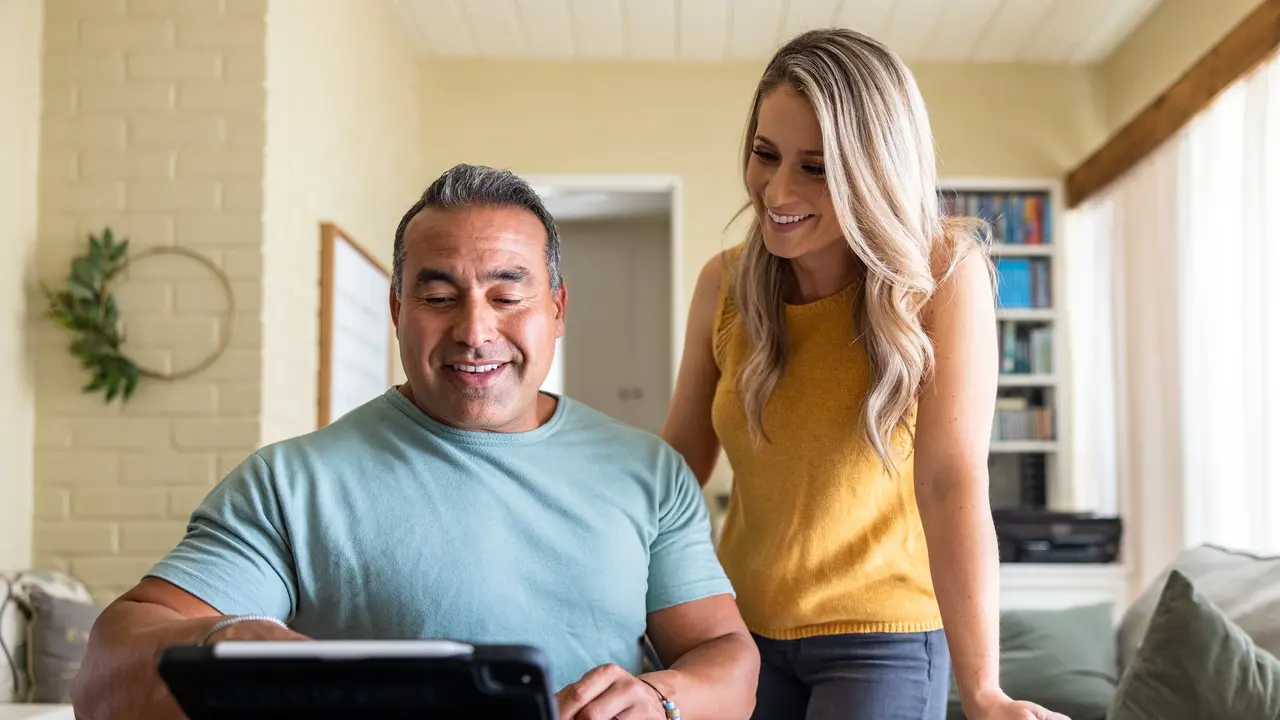A couple smiles as they do their taxes.