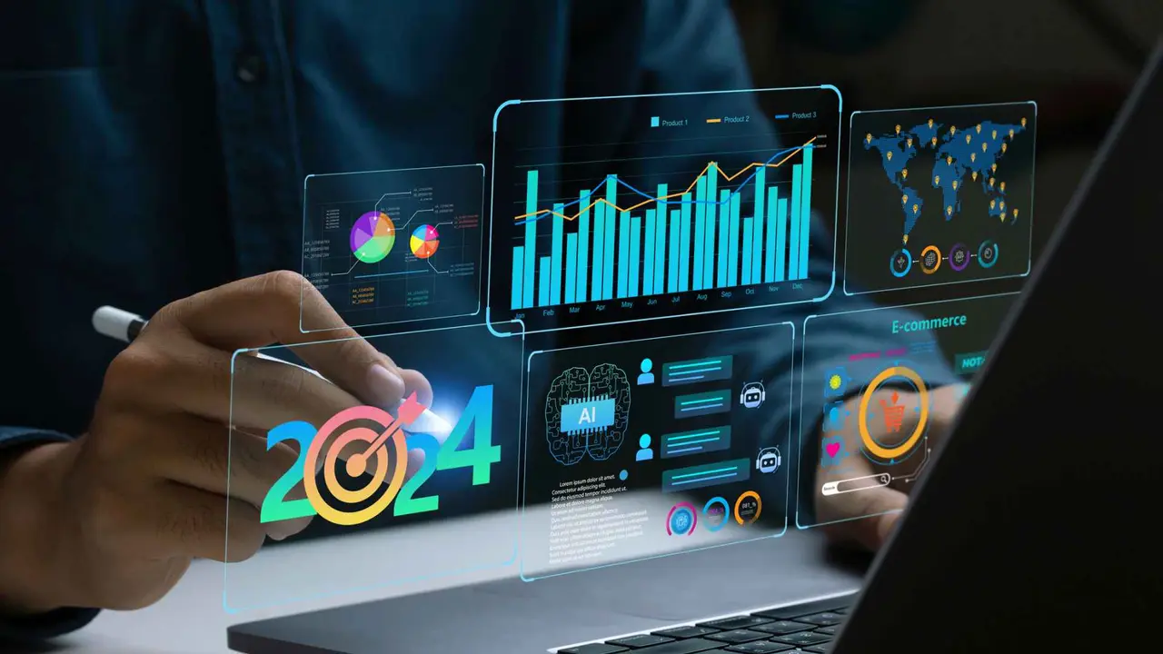 Businessman works on laptop Showing 2024 business trends dashboard with charts, metrics, AI, E-commerce, KPI.