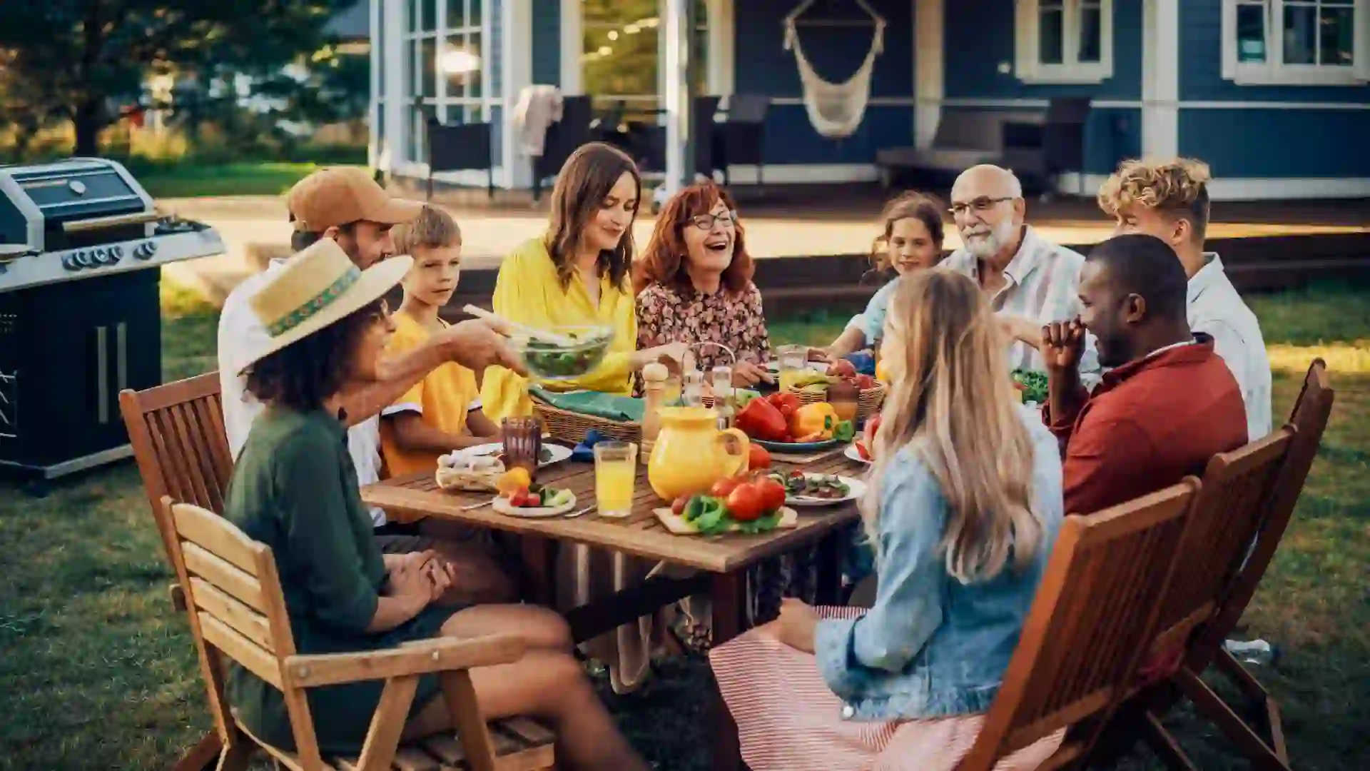 Parents, Children, Relatives and Friends Having an Open Air Vegetarian Dinner in Their Backyard.