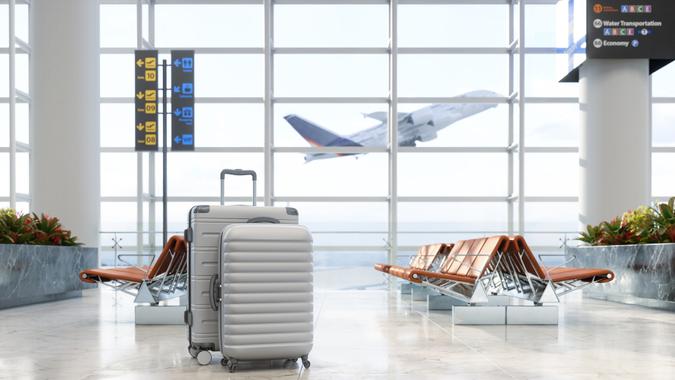 Airport Waiting Area With Luggages, Empty Seats And Blurred Background stock photo