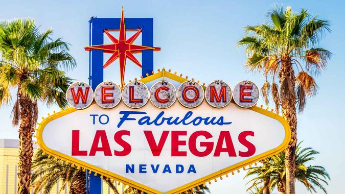 A front view of the iconic Welcome To Fabulous Las Vegas sign in the Nevada, USA city.