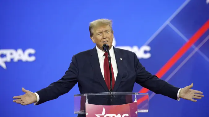 Mandatory Credit: Photo by Gripas Yuri/ABACA/Shutterstock (14364013b)Republican presidential candidate and former US President Donald Trump attends the Conservative Political Action Conference (CPAC) annual meeting in National Harbor, Maryland on February 24, 2024.