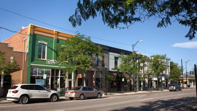 Colorful shops in historic downtown Littleton Colorado stock photo