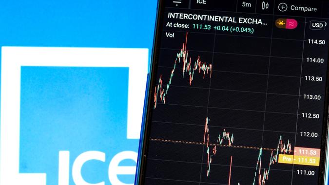 Illustrations in Ukraine : Mandatory Credit Photo Igor Golovniov/SOPA Images/Shutterstock (BLU_A71183635) : In this photo illustration, the stock market information of Intercontinental Exchange displayed on a smartphone while the logo of Intercontinental Exchange seen in the background.