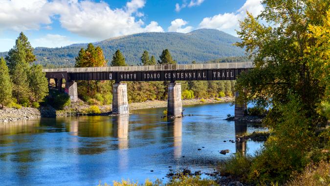 View of the Spokane River as it runs under the Centennial Trail Bridge at the border of Post Falls, Idaho and Stateline and Liberty Lake, Washington, USA.