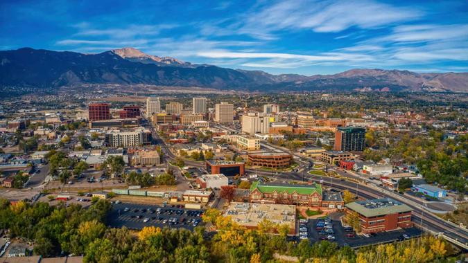 Aerial View of Colorado Springs with Autumn Colors.