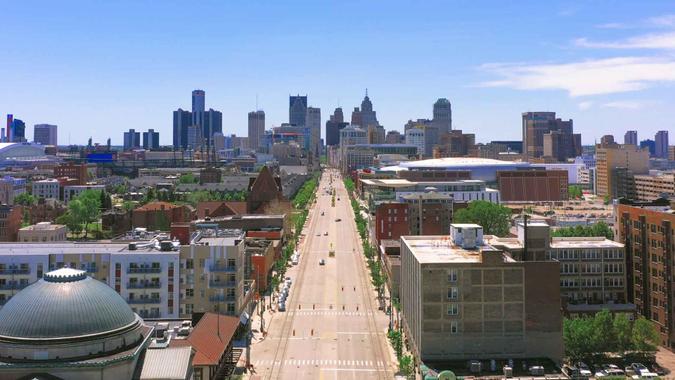 Aerial view of Detroit city with Woodward ave.